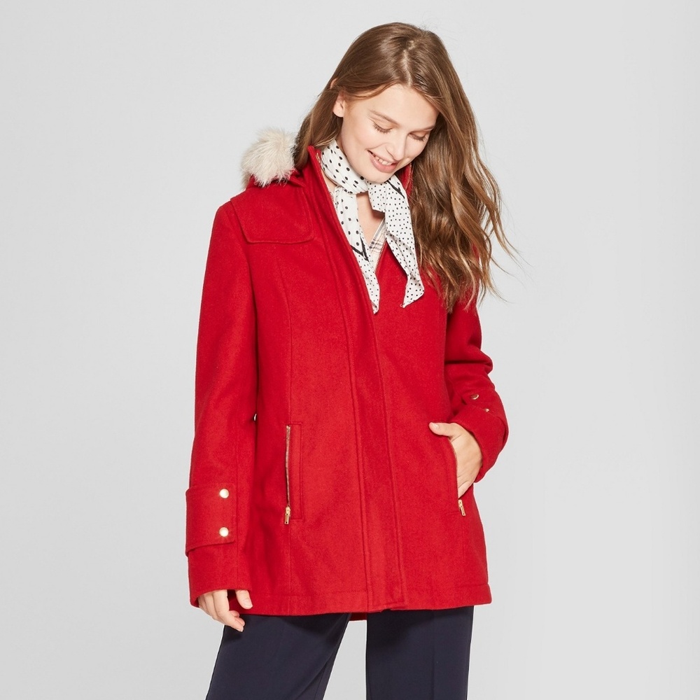 💎NWT💎 XS red, wool coat, with faux furr hood